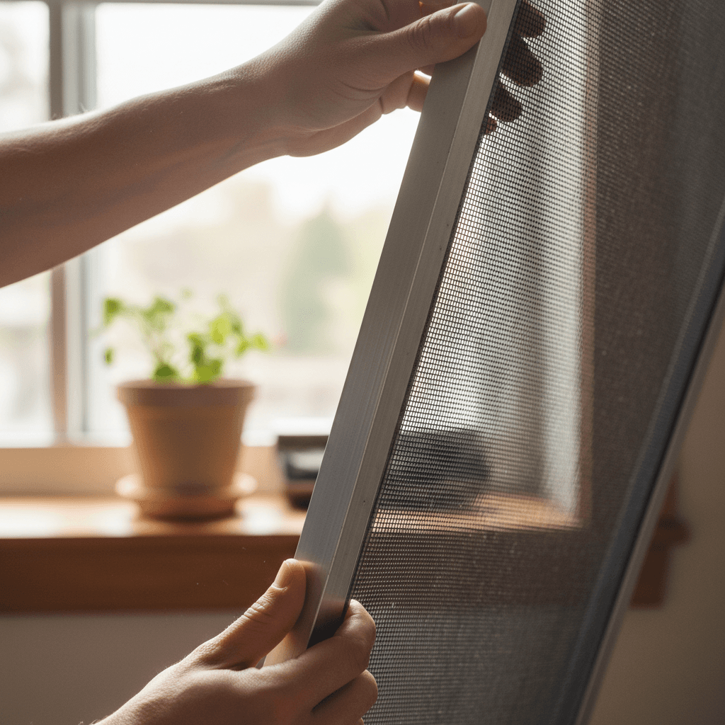 A warm, intimate documentary aesthetic close-up shot of hands carefully removing and inspecting a window screen frame