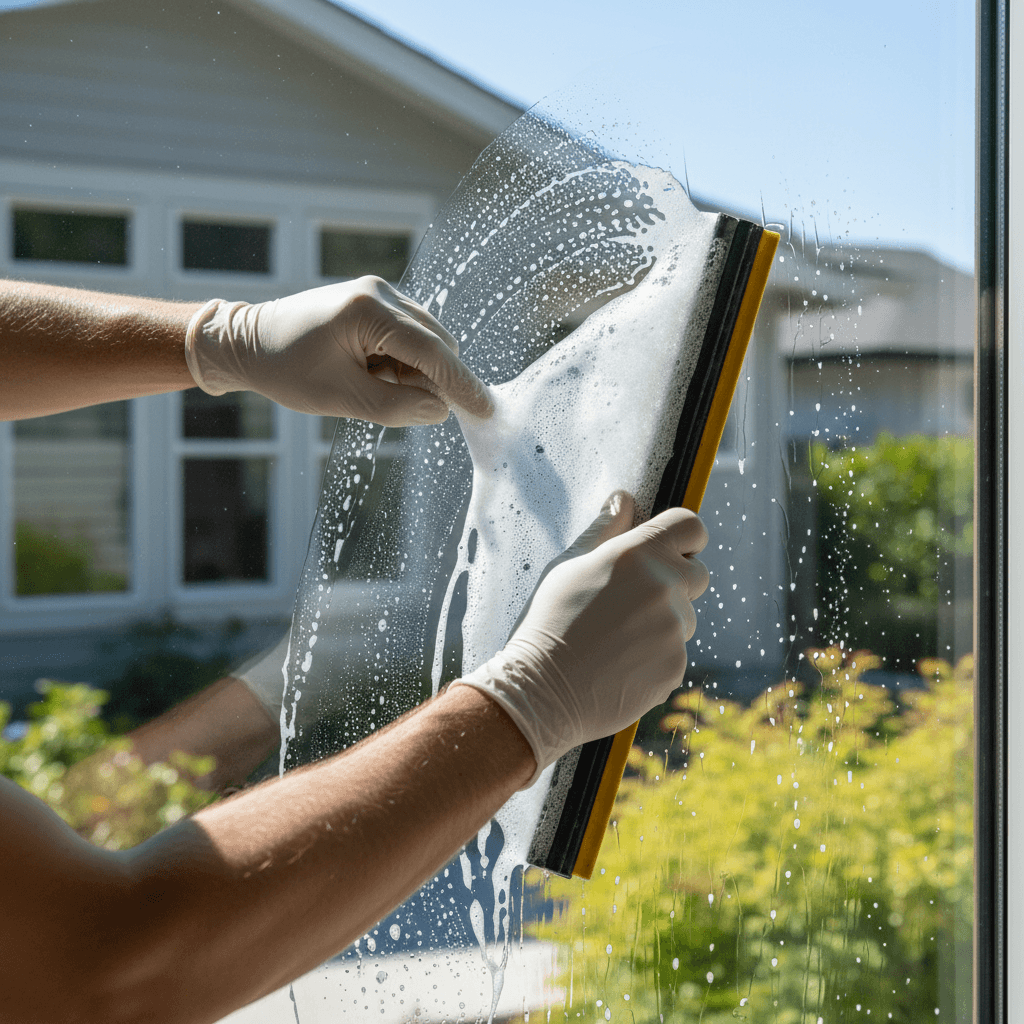 Window cleaner cleaning exterior residential windows